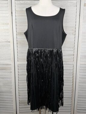 LANE BRYANT Women's Plus Size Black Faux Leather Fringe Tank Dress-20